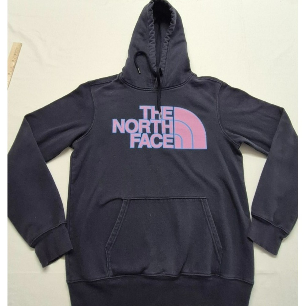 The North Face men's black front pocket hoodie‎ pink/blue logo drawstring sz. S